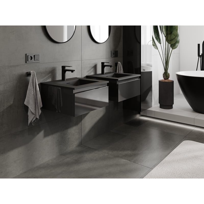Mexen Orio 50 cm bathroom cabinet with Otis sink, 1 drawer, black gloss/matte black - 91A10-05023-1-BF70-W18M71