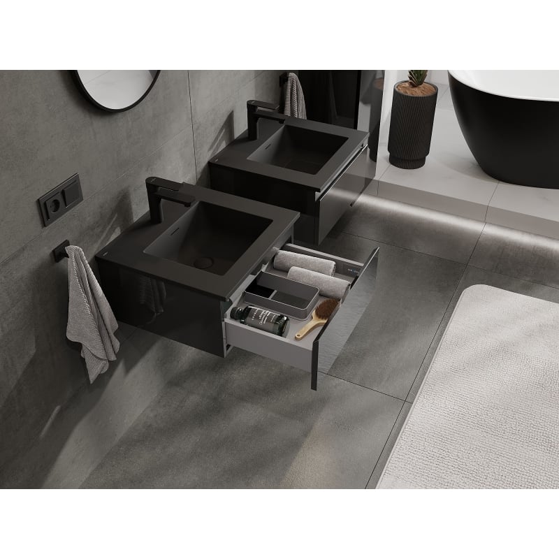 Mexen Orio 50 cm bathroom cabinet with Otis sink, 1 drawer, black gloss/matte black - 91A10-05023-1-BF70-W18M71