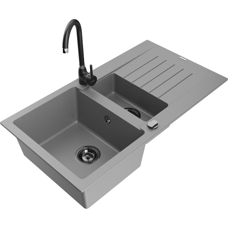 Mexen Matias 1.5-bowl granite sink with drainer and Telma kitchen faucet, gray - 6502-71-670200-70-B