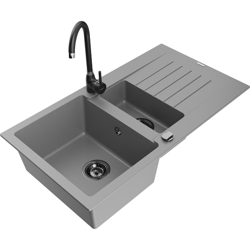 Mexen Matias granite sink 1.5-bowl with drainer and Telma kitchen tap, grey - 6502-71-670200-70-B