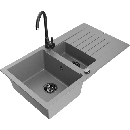 Mexen Matias 1.5-compartment granite sink with a drip tray and kitchen mixer tap Telma, Grey - 6502-71-670200-70-B