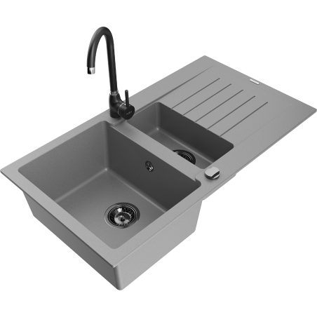 Mexen Matias granite sink 1.5-bowl with drainer and Telma kitchen tap, grey - 6502-71-670200-70-B