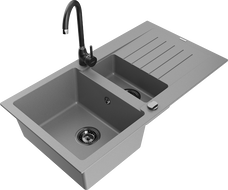 Mexen Matias 1.5-bowl granite sink with drainer and Telma kitchen faucet, gray - 6502-71-670200-70-B