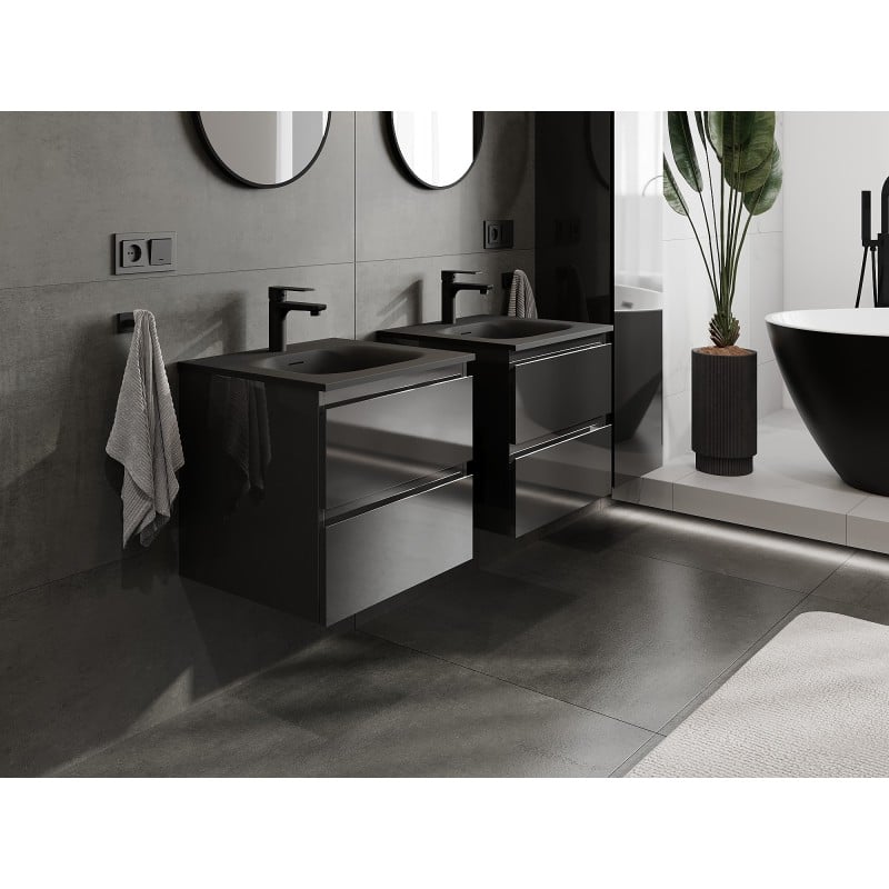 Mexen Orio 50 cm bathroom cabinet with Vela sink, 2 drawers, black gloss/matt black - 91A10-05047-2-BFF70-W23M71