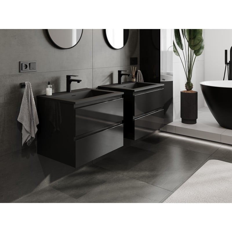 Mexen Orio bathroom cabinet 60 cm with Otis washbasin, 2 drawers, black gloss/matt black - 91A10-06047-2-BFF70-W18M71