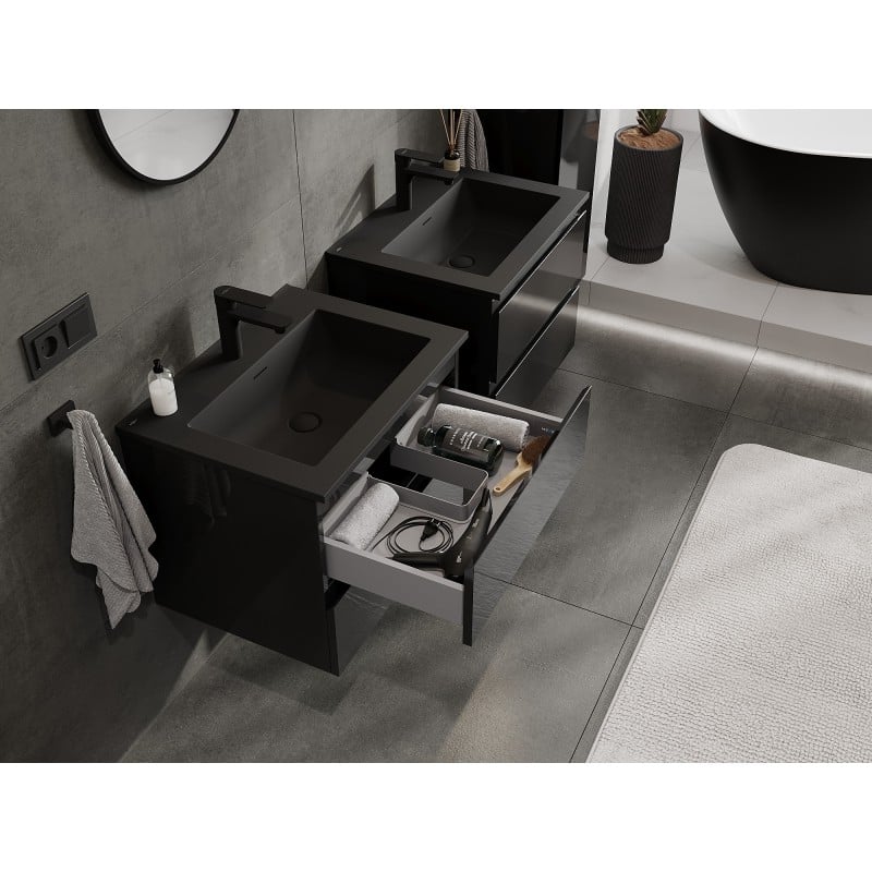 Mexen Orio bathroom cabinet 60 cm with Otis washbasin, 2 drawers, black gloss/matt black - 91A10-06047-2-BFF70-W18M71