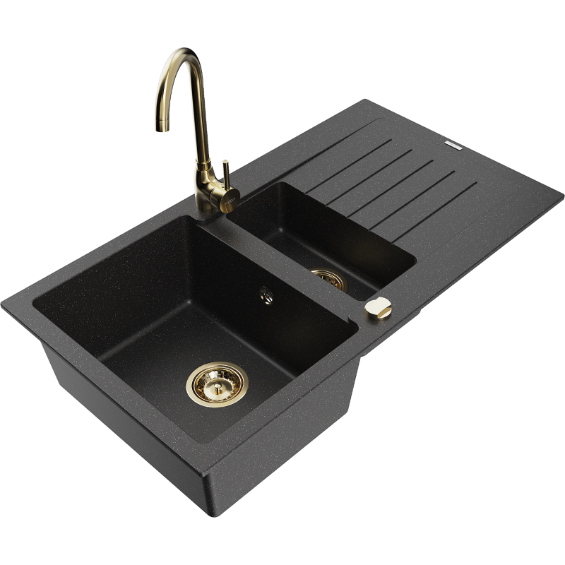 Mexen Matias 1.5-compartment granite sink with a drip tray and kitchen mixer tap Telma, Black/Silver - 6502-73-670200-50