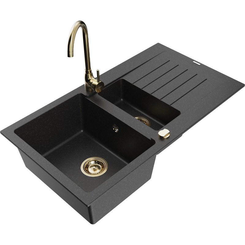 Mexen Matias granite sink 1.5-bowl with drainer and kitchen faucet Telma, black/silver - 6502-73-670200-50