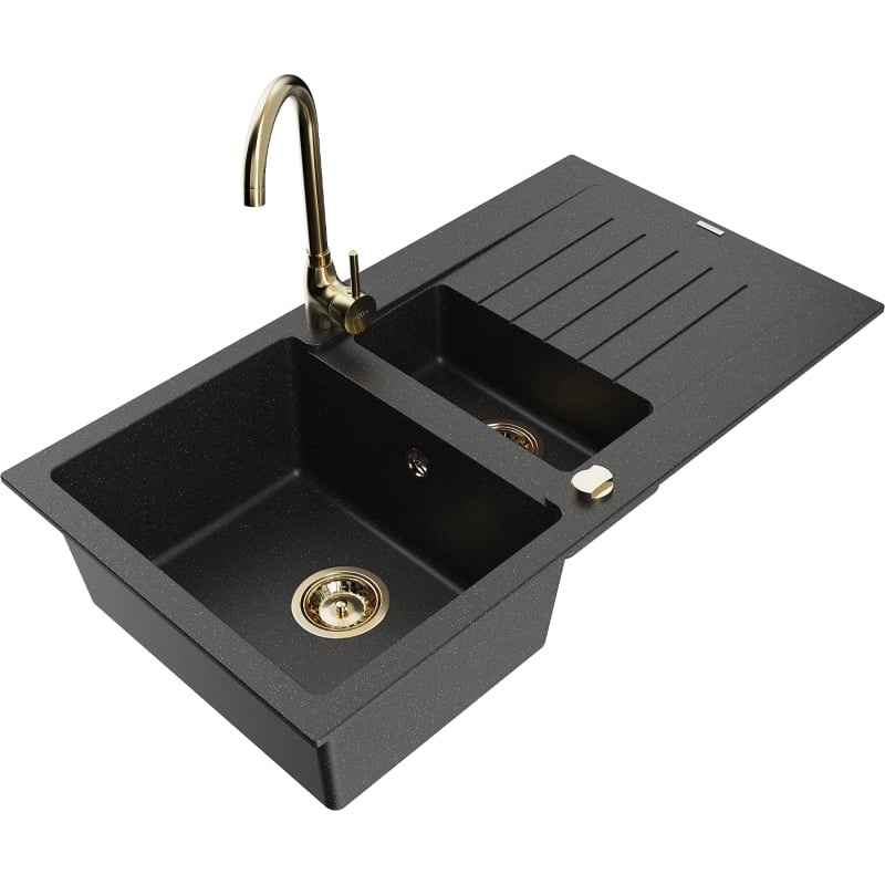 Mexen Matias granite sink 1.5-bowl with drainer and Telma kitchen faucet, black/silver - 6502-73-670200-50