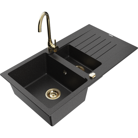 Mexen Matias granite sink 1.5-bowl with drainer and Telma kitchen faucet, black/silver - 6502-73-670200-50