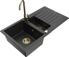 Mexen Matias granite sink 1.5-bowl with drainer and kitchen faucet Telma, black/silver - 6502-73-670200-50