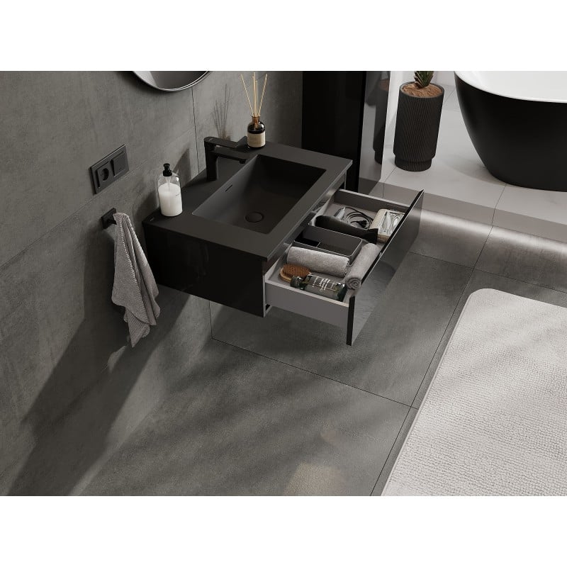 Mexen Orio 70 cm Bathroom Cabinet with Otis Sink, 1 Drawer, Black Gloss/Black Matte - 91A10-07023-1-BF70-W18M71