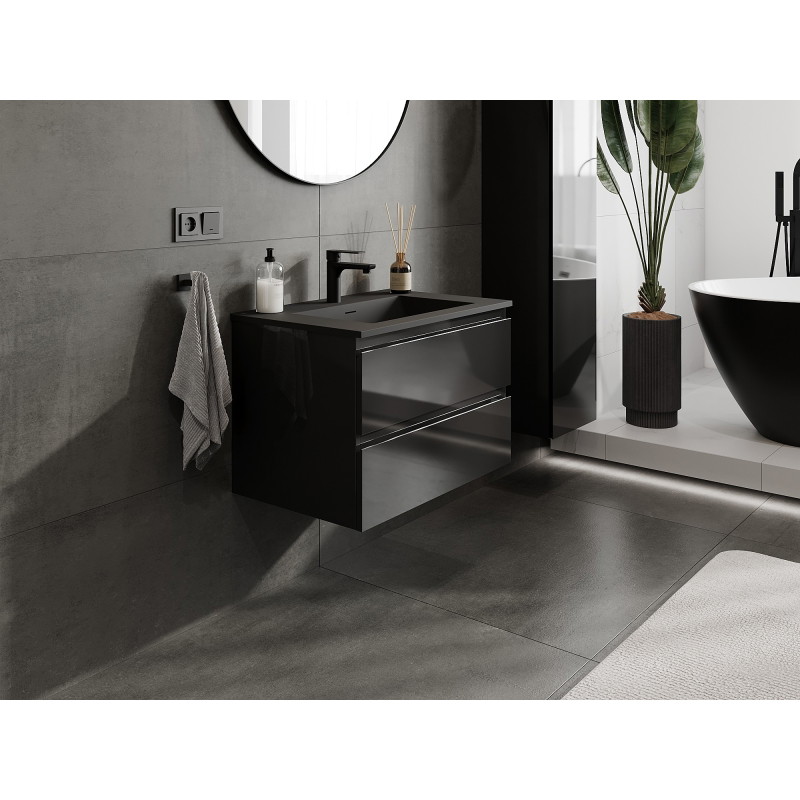 Mexen Orio 70 cm bathroom cabinet with Otis sink, 2 drawers, black gloss/black matte - 91A10-07047-2-BFF70-W18M71