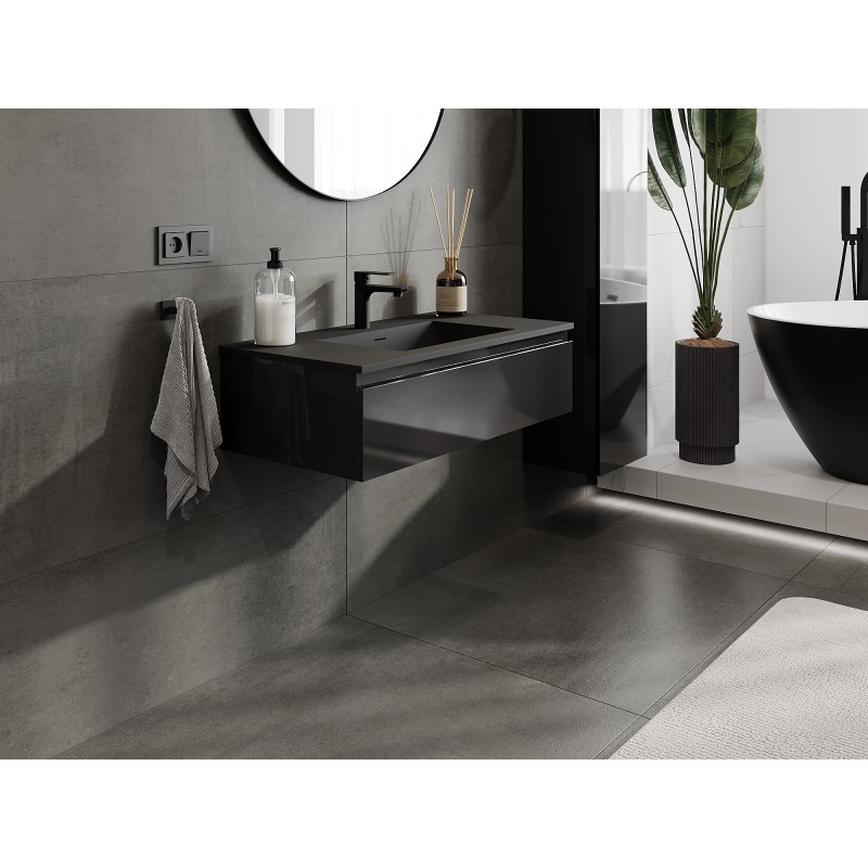 Mexen Orio 90 cm Bathroom Cabinet with Otis Sink, 1 Drawer, Black Gloss/Matte Black - 91A10-09023-1-BF70-W18M71