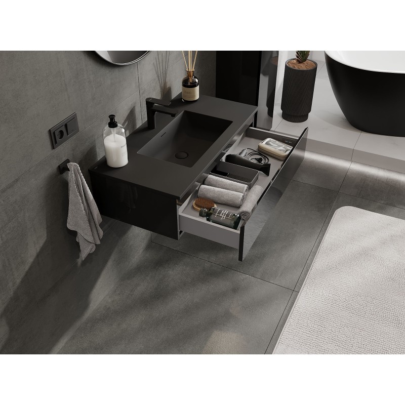 Mexen Orio 90 cm Bathroom Cabinet with Otis Sink, 1 Drawer, Black Gloss/Matte Black - 91A10-09023-1-BF70-W18M71