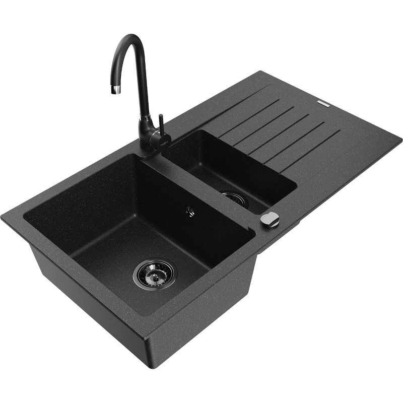 Mexen Matias 1.5-bowl Granite Sink with Drainer and Telma Kitchen Tap, Black/Silver - 6502-73-670200-70-B