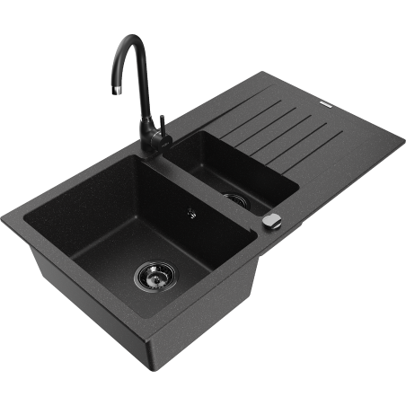 Mexen Matias 1.5-bowl Granite Sink with Drainer and Telma Kitchen Tap, Black/Silver - 6502-73-670200-70-B