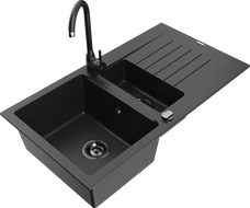 Mexen Matias 1.5-bowl Granite Sink with Drainer and Telma Kitchen Tap, Black/Silver - 6502-73-670200-70-B