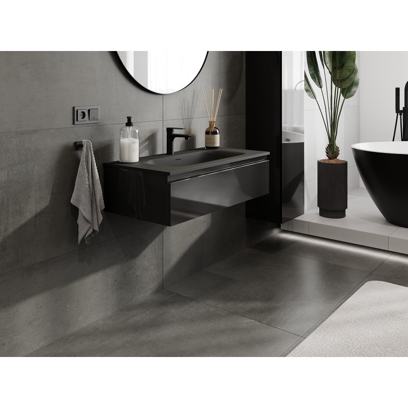 Mexen Orio bathroom cabinet 90 cm with Vela basin, 1 drawer, black gloss/black matt - 91A10-09023-1-BF70-W23M71