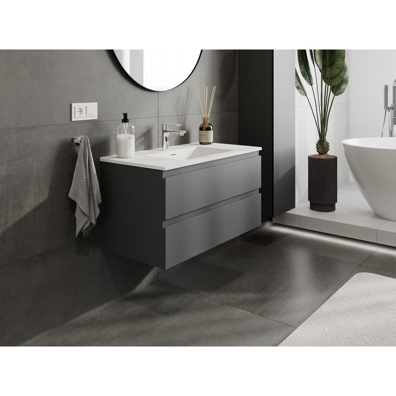Mexen Orio bathroom cabinet 90 cm with Otis washbasin, 2 drawers, matt graphite/matt white - 91A10-09047-2-BFF66-W18M01
