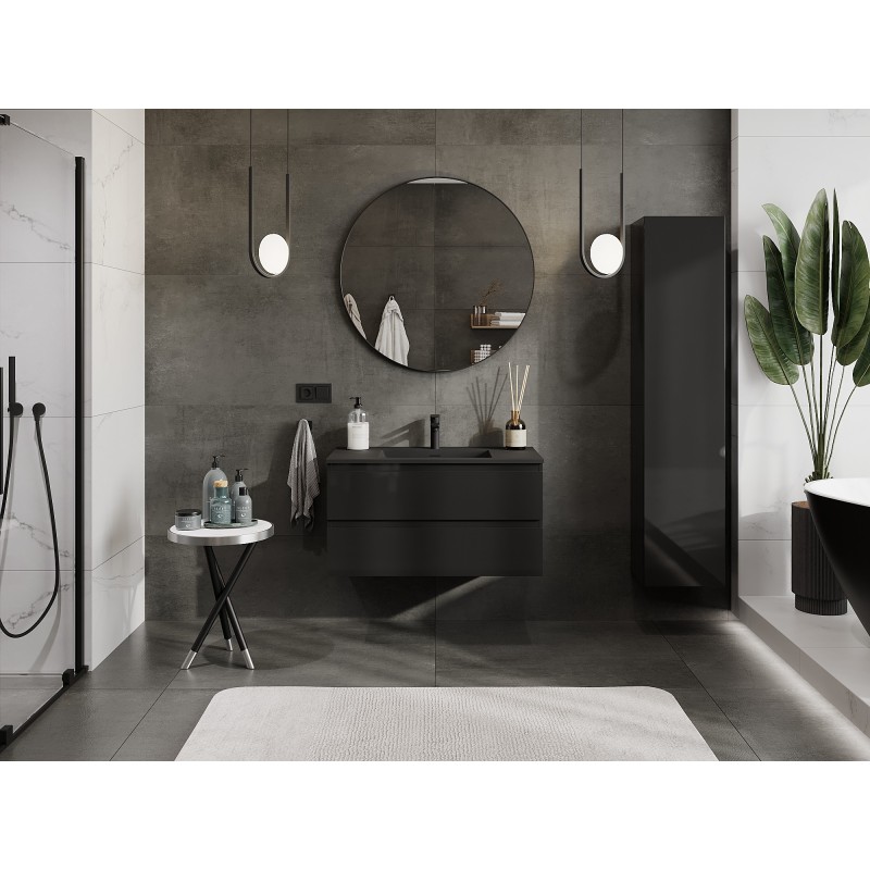 Mexen Orio bathroom cabinet 90 cm with Otis washbasin, 2 drawers, black gloss/matt black - 91A10-09047-2-BFF70-W18M71