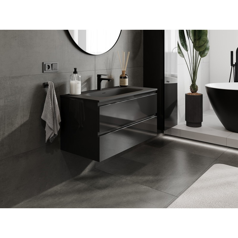 Mexen Orio 90 cm bathroom cabinet with Vela sink, 2 drawers, black gloss/black matte - 91A10-09047-2-BFF70-W23M71