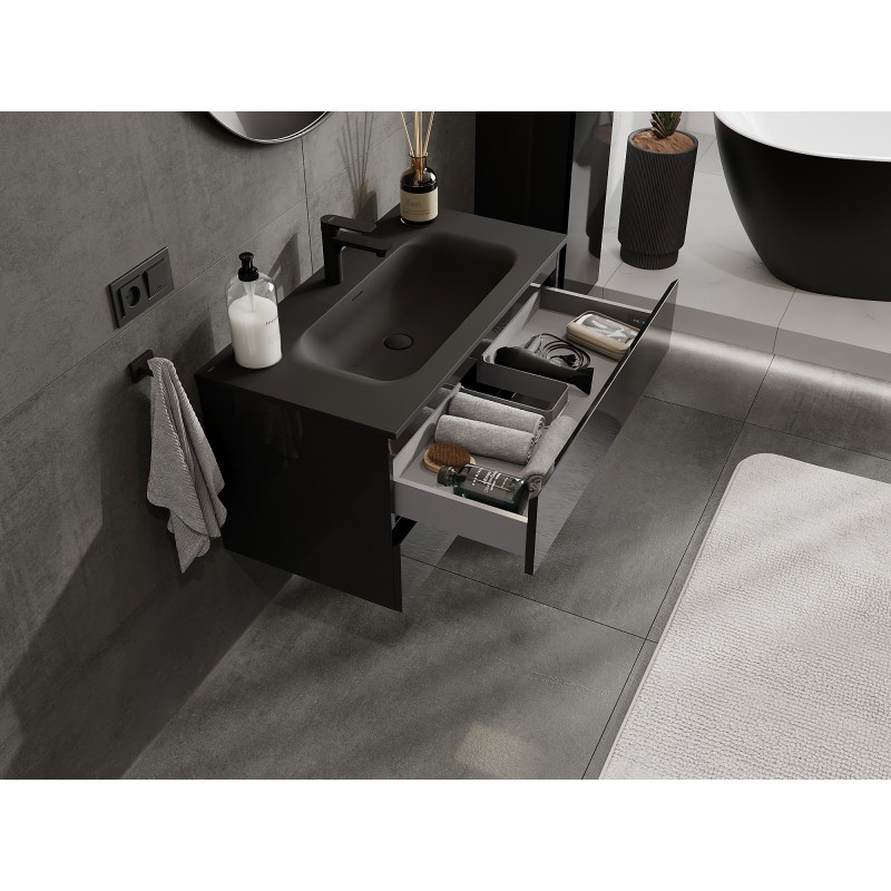 Mexen Orio 90 cm bathroom cabinet with Vela sink, 2 drawers, black gloss/black matte - 91A10-09047-2-BFF70-W23M71