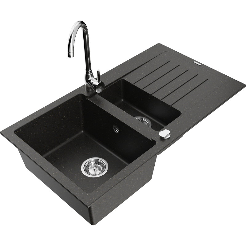 Mexen Matias 1.5-bowl granite sink with drainer and Telma kitchen faucet, black/gold - 6502-75-670200-00