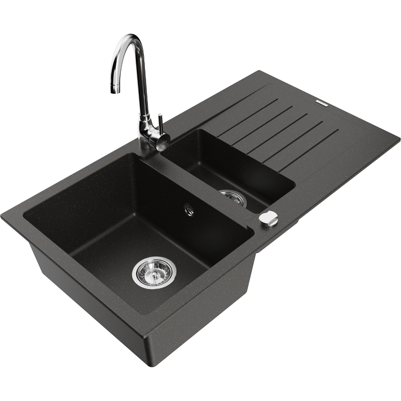 Mexen Matias granite sink 1.5-bowl with drainer and Telma kitchen tap, black/gold - 6502-75-670200-00