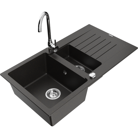 Mexen Matias 1.5-bowl granite sink with drainer and Telma kitchen faucet, black/gold - 6502-75-670200-00