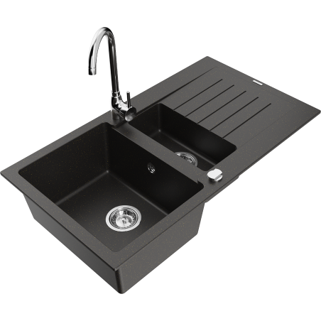 Mexen Matias granite sink 1.5-bowl with drainer and Telma kitchen tap, black/gold - 6502-75-670200-00