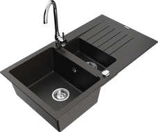 Mexen Matias granite sink 1.5-bowl with drainer and Telma kitchen tap, black/gold - 6502-75-670200-00