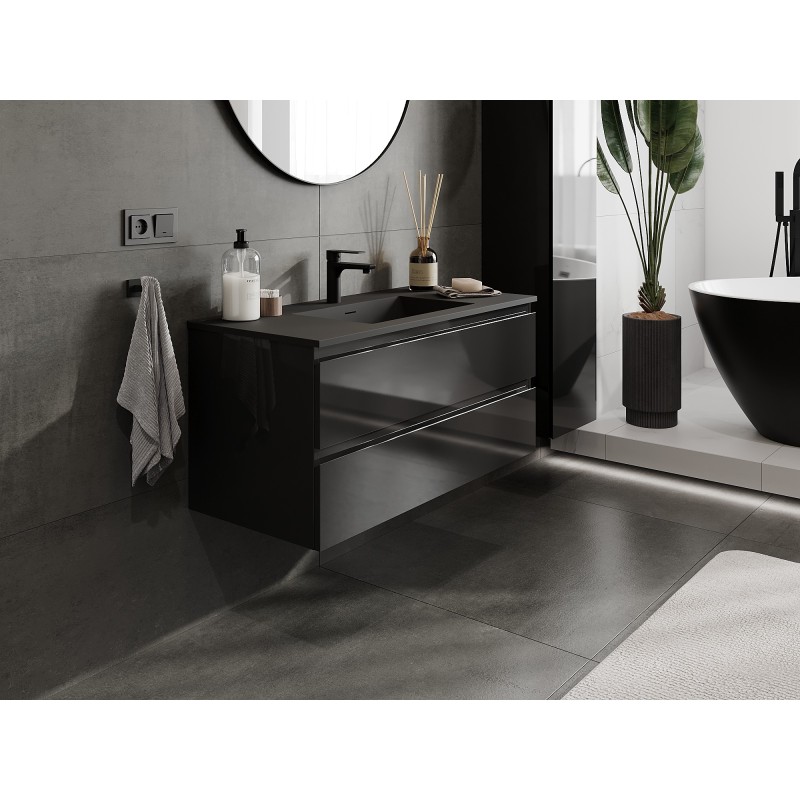 Mexen Orio bathroom cabinet 100 cm with Otis washbasin, 2 drawers, black gloss/black matt - 91A10-10047-2-BFF70-W18M71