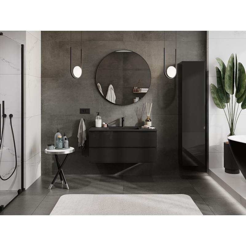 Mexen Orio 100 cm bathroom cabinet with Otis sink, 2 drawers, black gloss/black matte - 91A10-10047-2-BFF70-W18M71