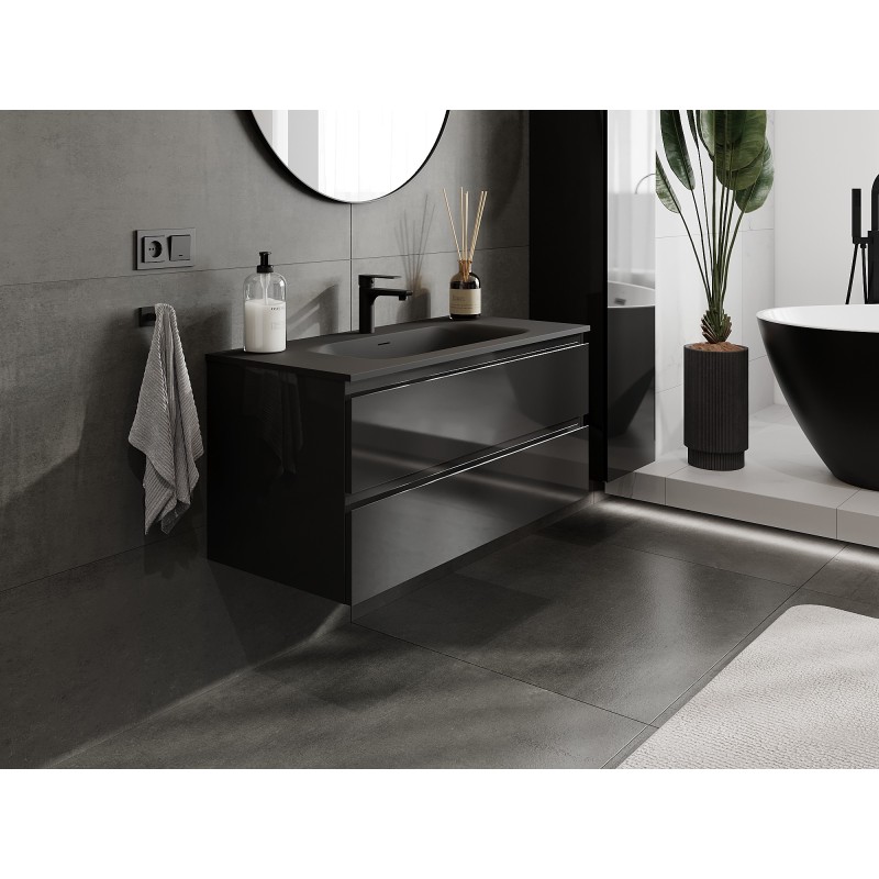Mexen Orio bathroom cabinet 100 cm with Vela sink, 2 drawers, black gloss/matte black - 91A10-10047-2-BFF70-W23M71