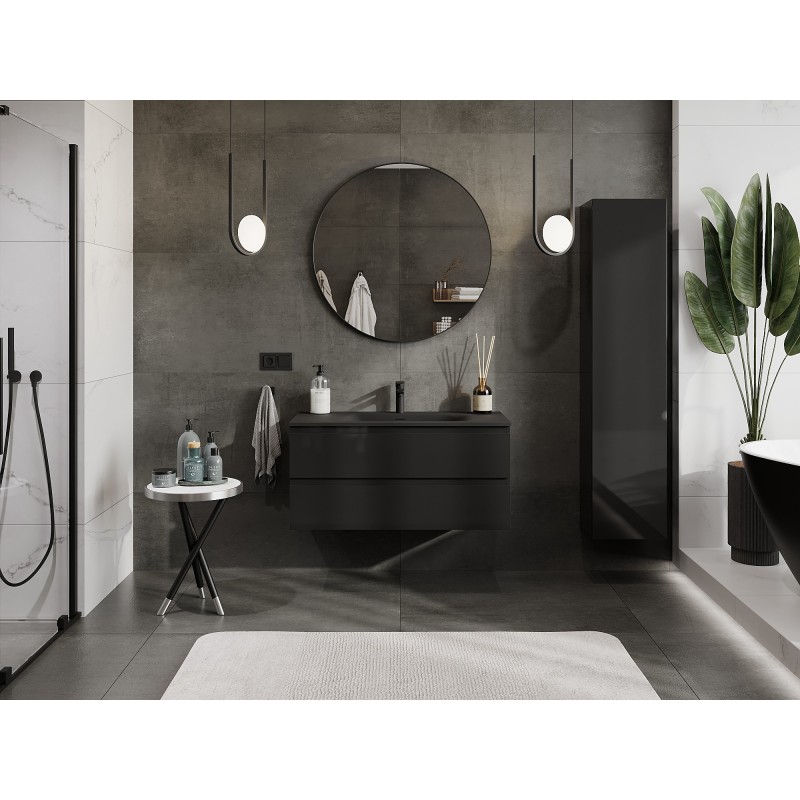 Mexen Orio bathroom cabinet 100 cm with Vela sink, 2 drawers, black gloss/matte black - 91A10-10047-2-BFF70-W23M71