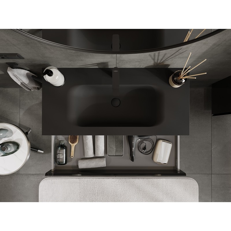 Mexen Orio bathroom cabinet 100 cm with Vela sink, 2 drawers, black gloss/matte black - 91A10-10047-2-BFF70-W23M71