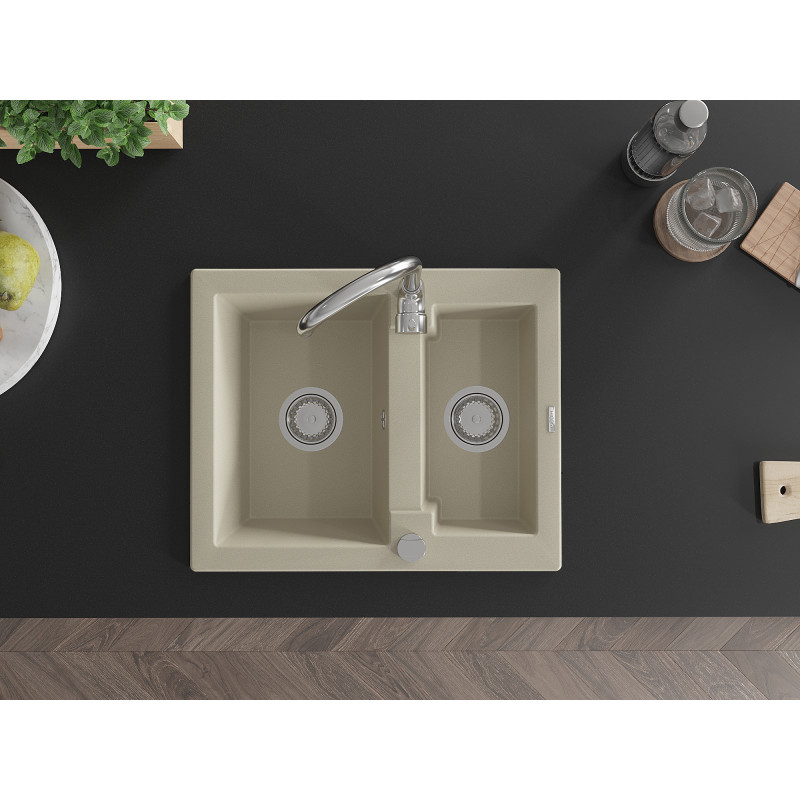 Mexen Carlos granite sink 1.5-bowl 582 x 475 mm, beige, chrome siphon - 6518581500-69