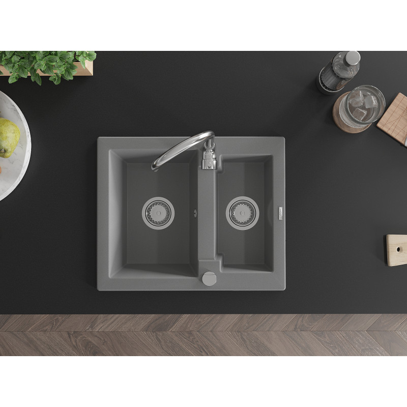Mexen Carlos granite sink 1.5-bowl 582 x 475 mm, gray, chrome siphon - 6518581500-71
