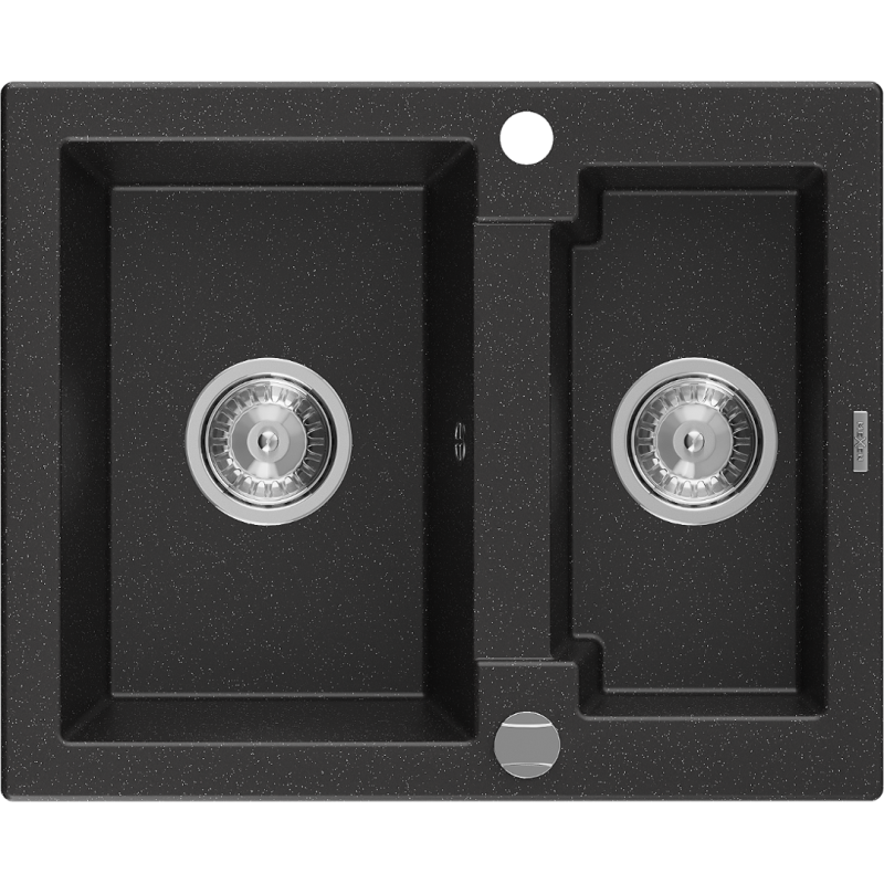 Mexen Carlos 1.5-bowl granite sink 582 x 475 mm, black/silver metallic, chrome siphon - 6518581500-73