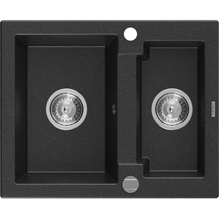 Mexen Carlos 1.5-bowl granite sink 582 x 475 mm, black/silver metallic, chrome siphon - 6518581500-73