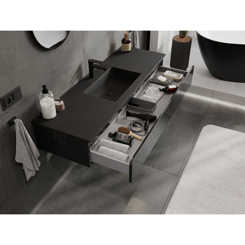 Mexen Orio bathroom cabinet 140 cm with sink Otis, 1 drawer, black gloss/black matte - 91A10-14023-1-BF70-W18M71