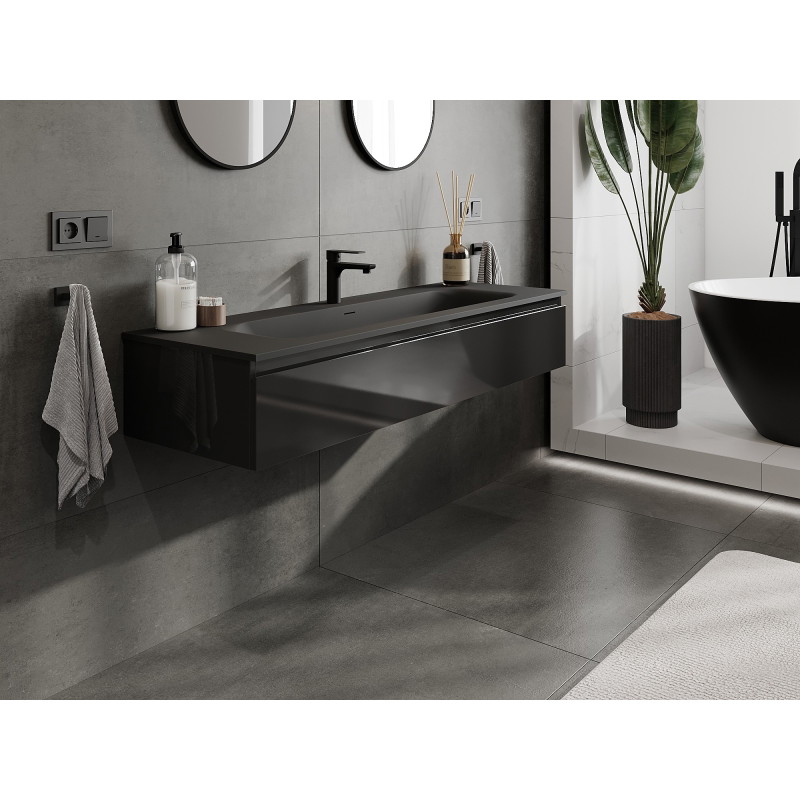 Mexen Orio bathroom cabinet 140 cm with Vela sink, 1 drawer, black gloss/black matte - 91A10-14023-1-BF70-W23M71