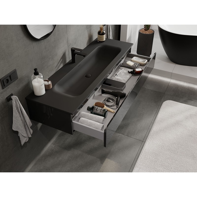 Mexen Orio 140 cm Bathroom Cabinet with Vela Sink, 1 Drawer, Black Gloss/Black Matte - 91A10-14023-1-BF70-W23M71