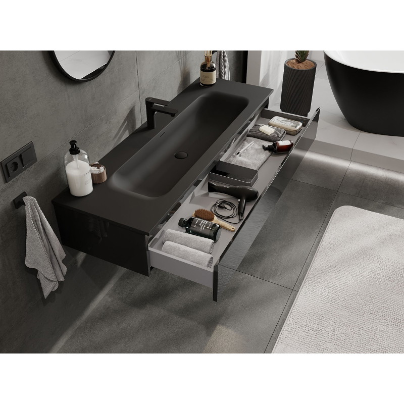 Mexen Orio bathroom cabinet 140 cm with Vela sink, 1 drawer, black gloss/black matte - 91A10-14023-1-BF70-W23M71
