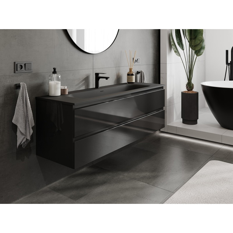 Mexen Orio 140 cm bathroom cabinet with sink Vela, 2 drawers, black gloss/black matte - 91A10-14047-2-BFF70-W23M71