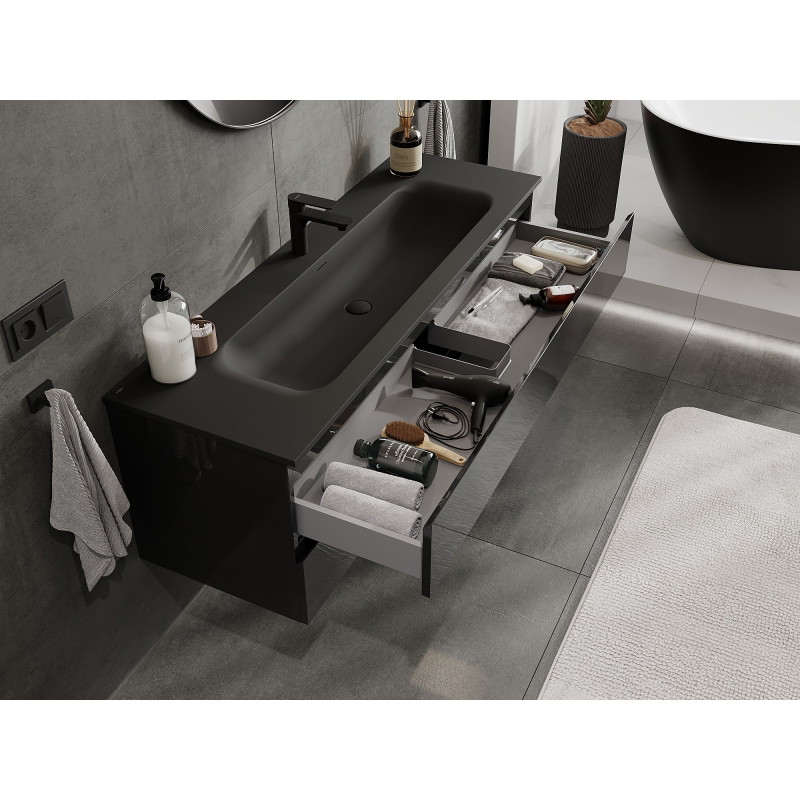 Mexen Orio 140 cm bathroom cabinet with sink Vela, 2 drawers, black gloss/black matte - 91A10-14047-2-BFF70-W23M71