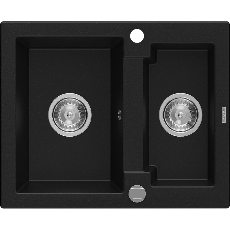 Mexen Carlos granite sink 1.5-bowl 582 x 475 mm, black, chrome siphon - 6518581500-77