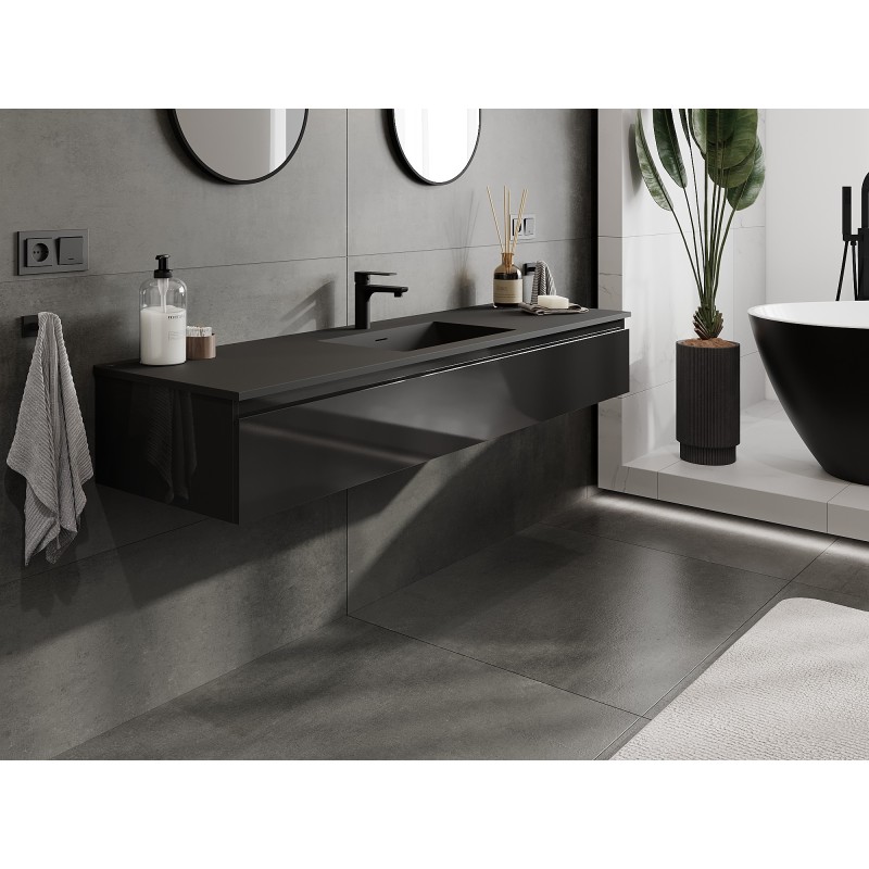Mexen Orio bathroom cabinet 160 cm with Otis sink, 1 drawer, black gloss/black matte - 91A10-16023-1-BF70-W18M71