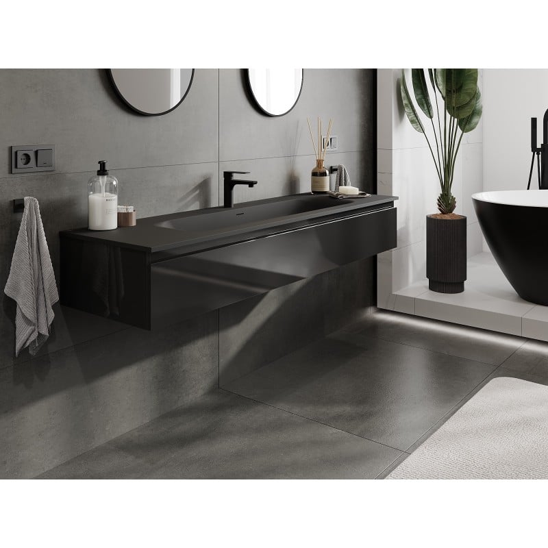 Mexen Orio bathroom cabinet 160 cm with Vela sink, 1 drawer, black gloss/black matte - 91A10-16023-1-BF70-W23M71